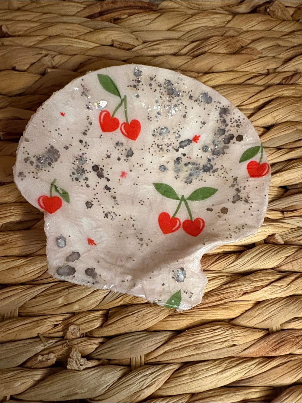 Hand Crafted Cream Shell Dish with Red Cherry Motif and Silver Accents